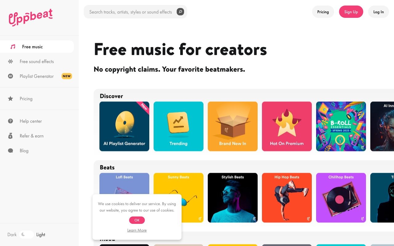 Free Music For YouTube Videos & Creators • Uppbeat landing page design