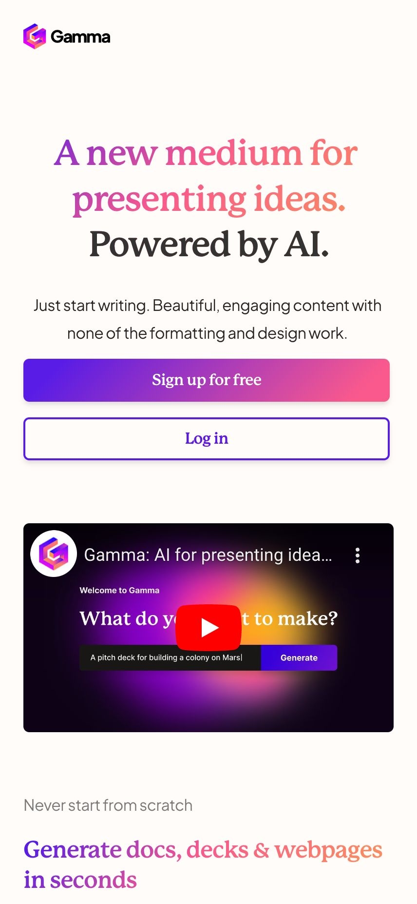 Gamma App landing page design