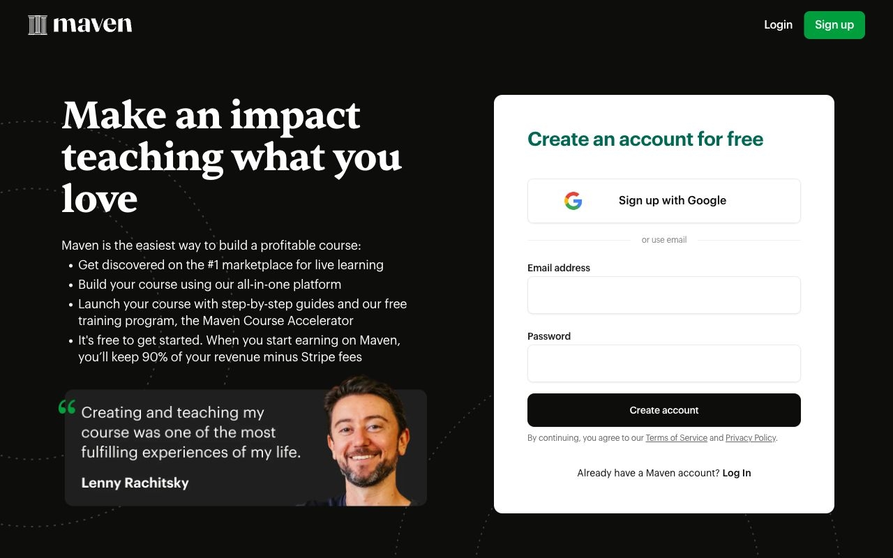 Get started teaching on Maven landing page design