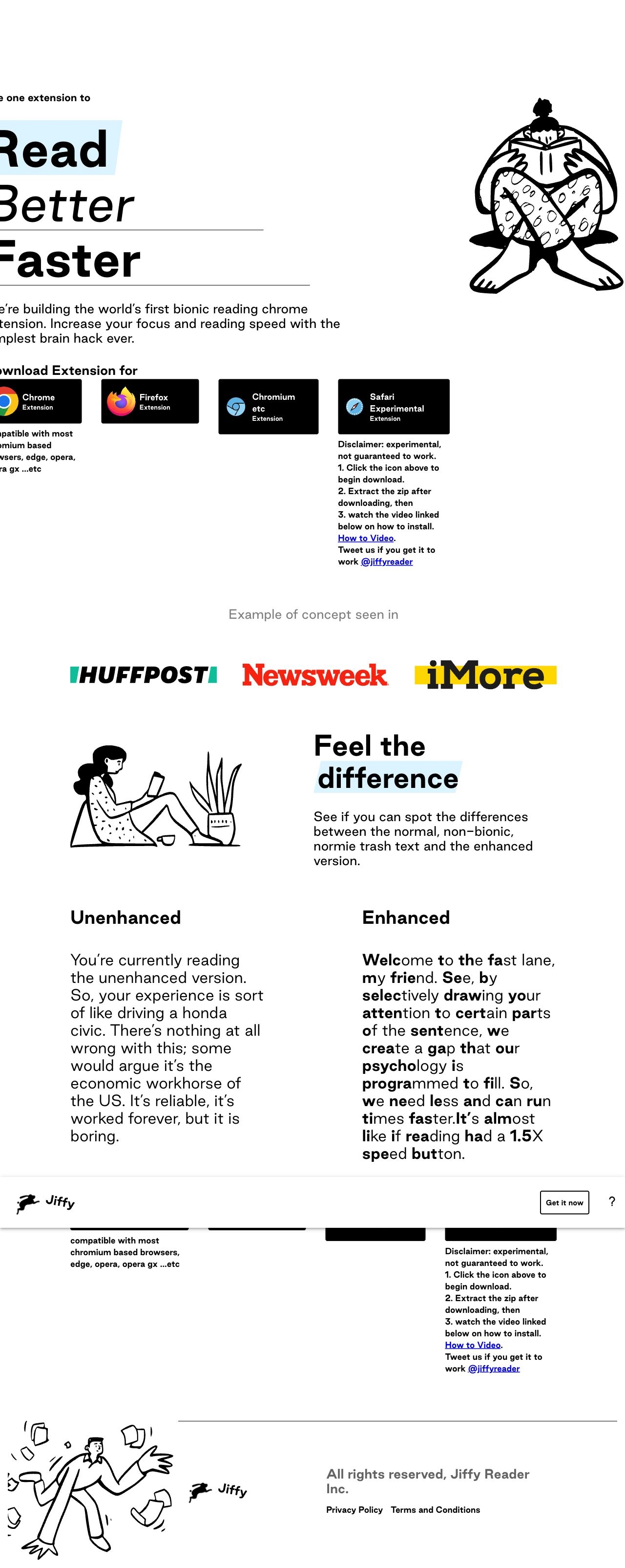 Jiffy Reader landing page design