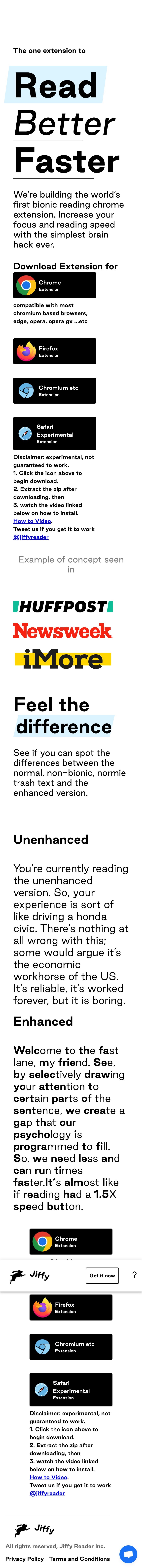 Jiffy Reader landing page design