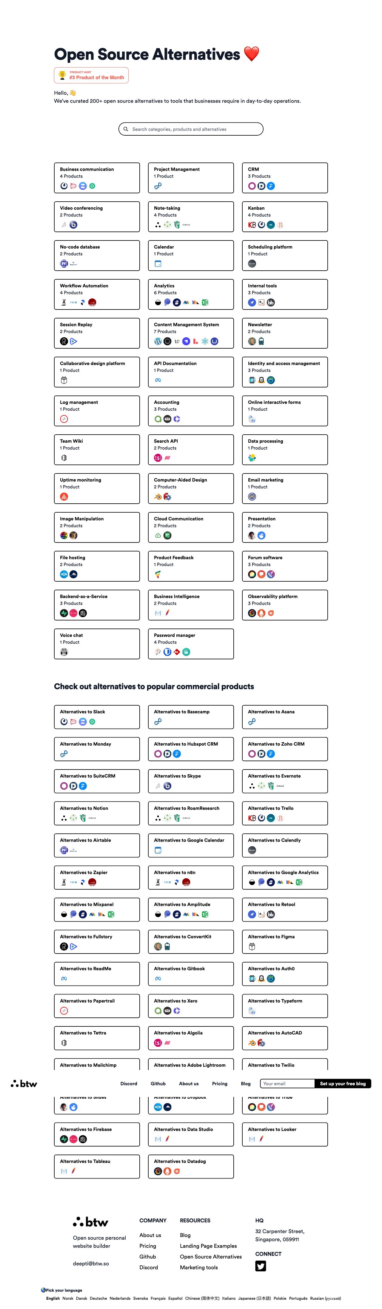 Open Source Alternatives landing page design