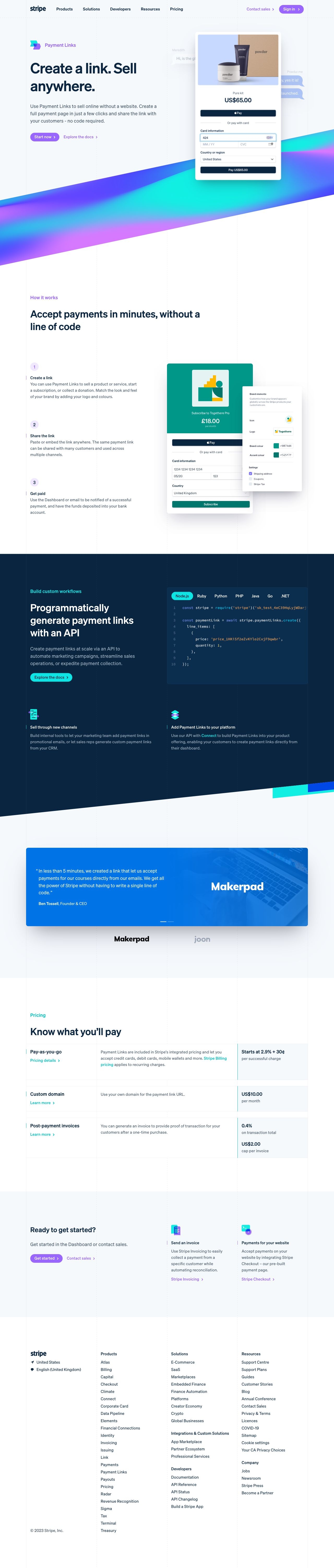Stripe Payment Links landing page design