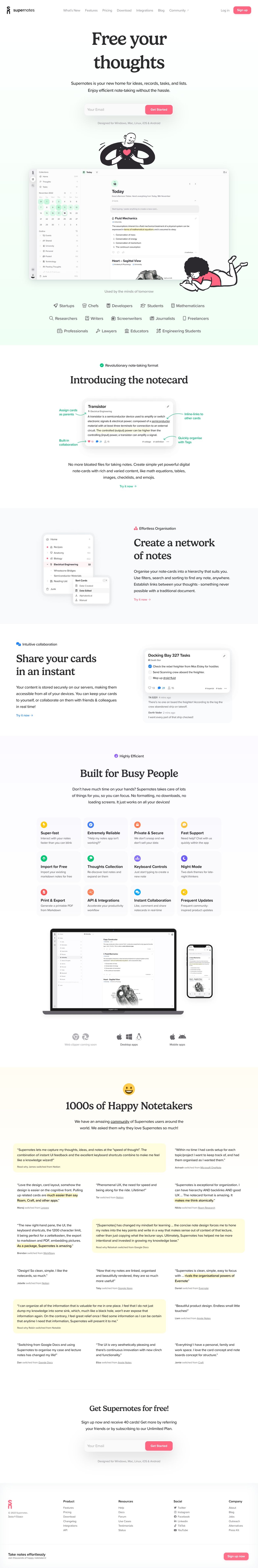 Supernotes landing page design