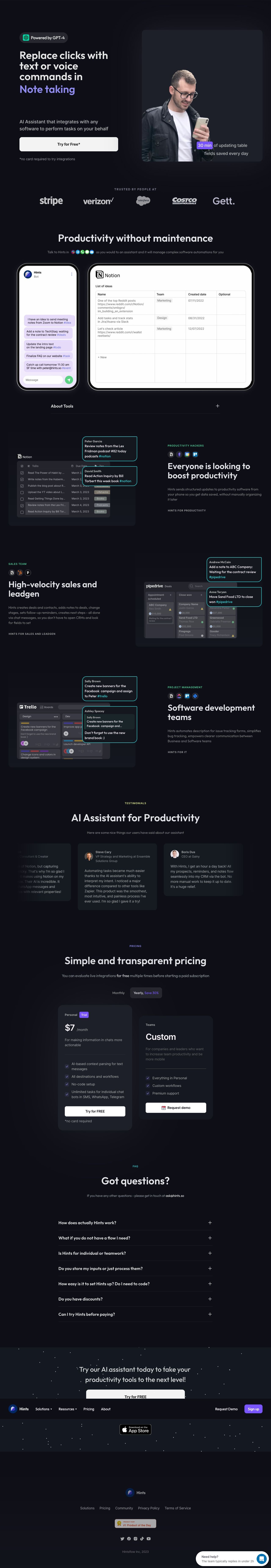 Team Productivity Tools landing page design