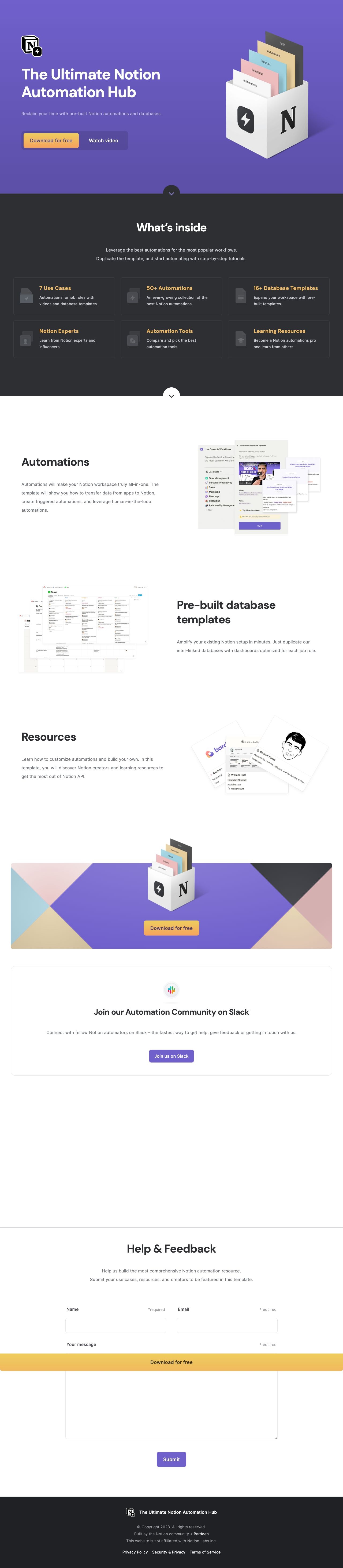 The Notion Automation Hub landing page design