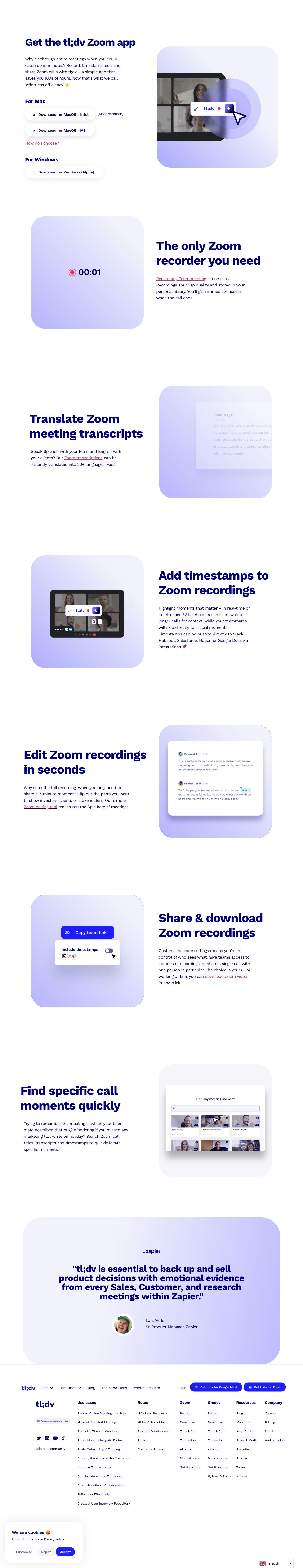 tl;dv Zoom Recorder landing page design