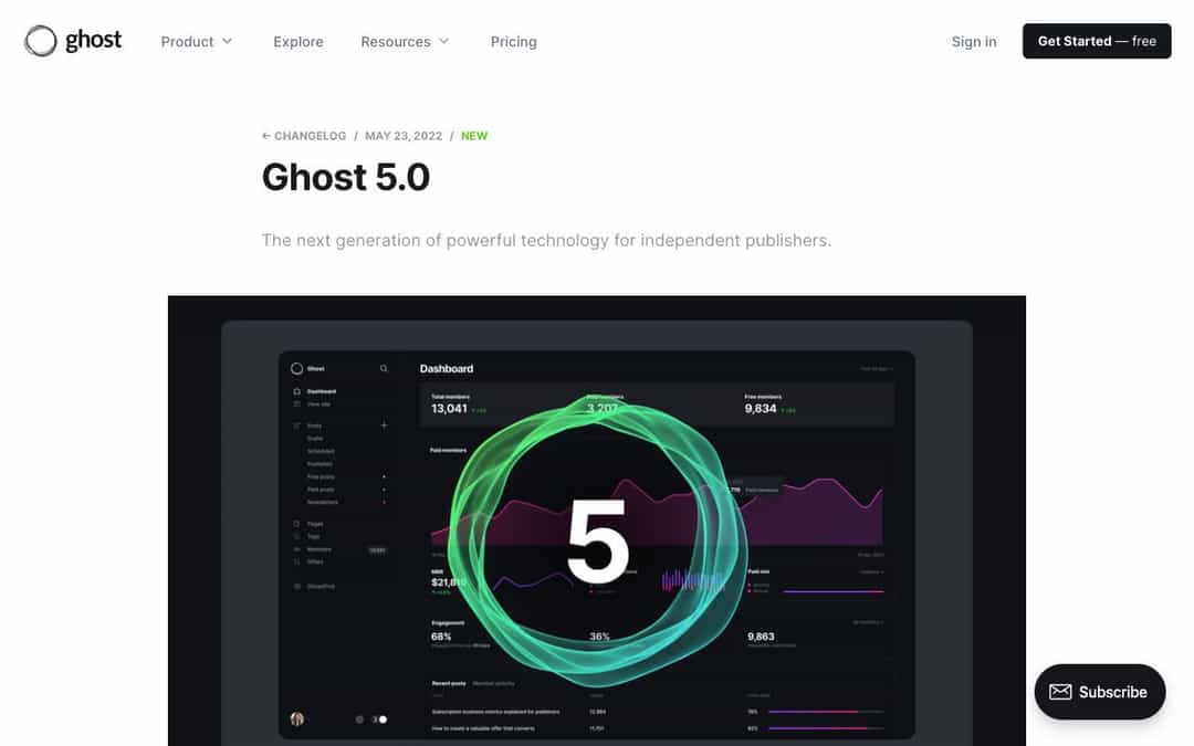 Ghost 5.0 landing page design