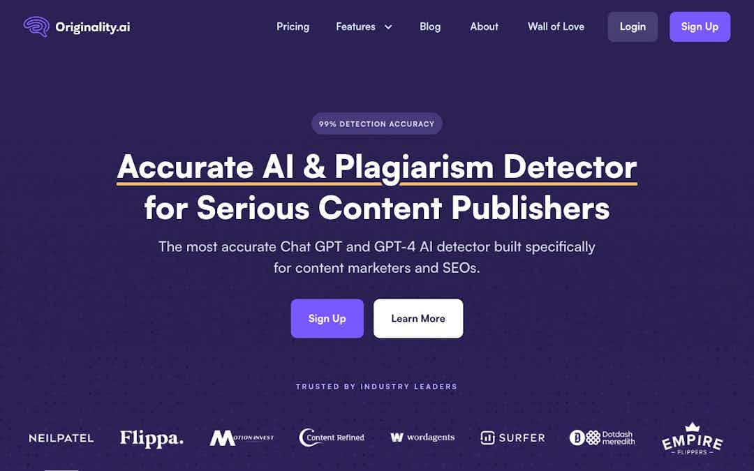 Originality.AI – AI & Plagiarism Detector for Serious Content Publishers landing page design