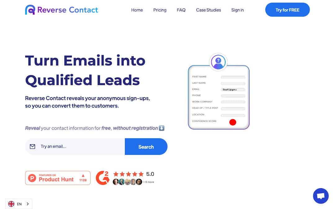 Reverse Contact landing page design