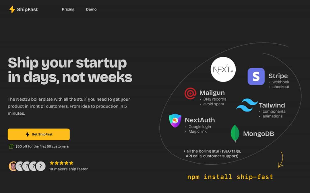 ShipFast landing page design