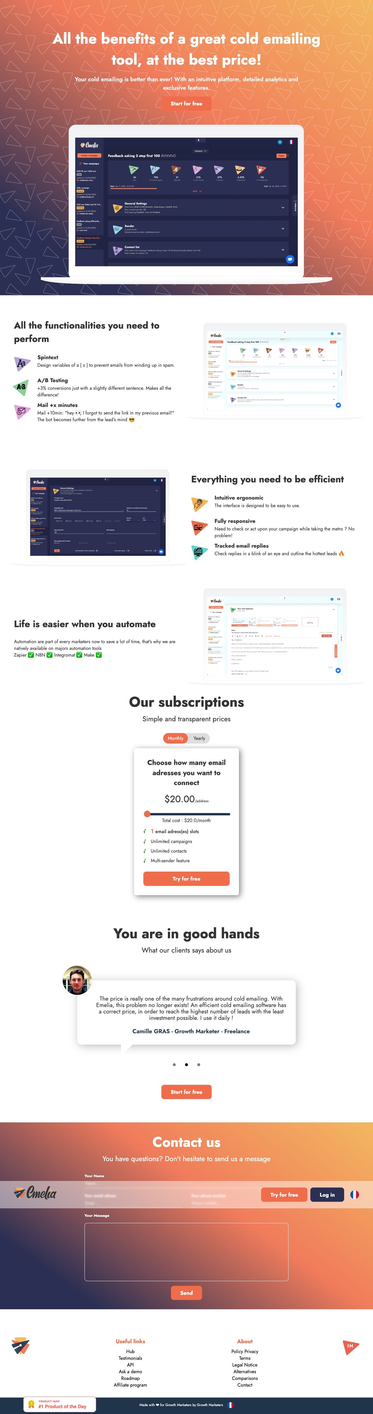 Emelia • All the benefits of a great cold emailing tool, at the best price! landing page design