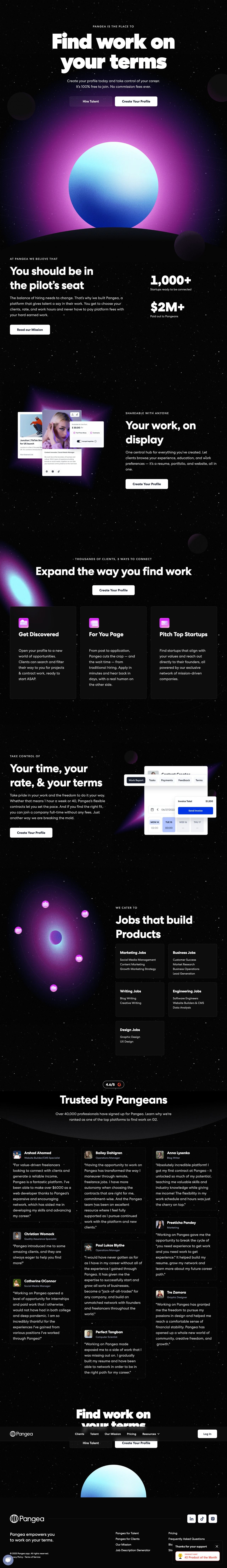 Find Work on Your Terms • Pangea for Talent landing page design