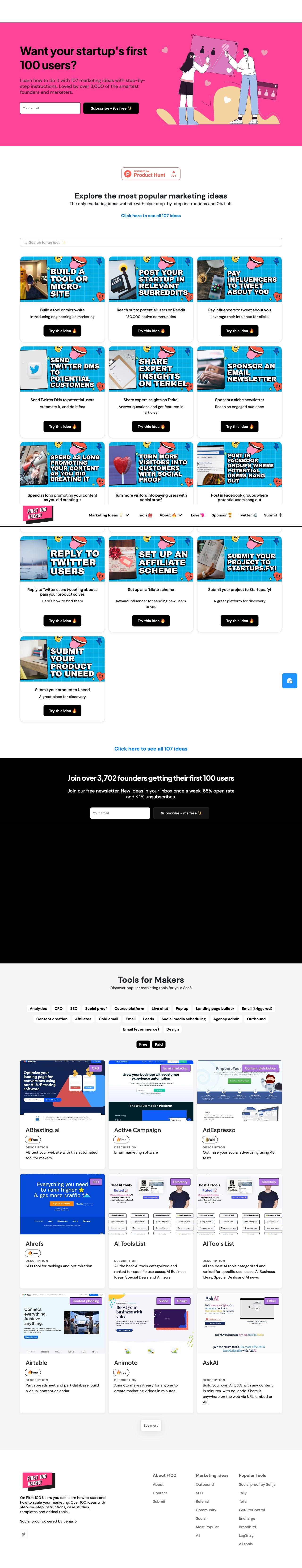 First 100 Users. SaaS marketing ideas landing page design