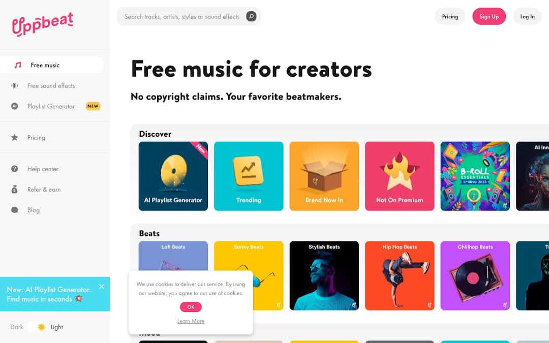 Free Music For YouTube Videos & Creators • Uppbeat landing page design
