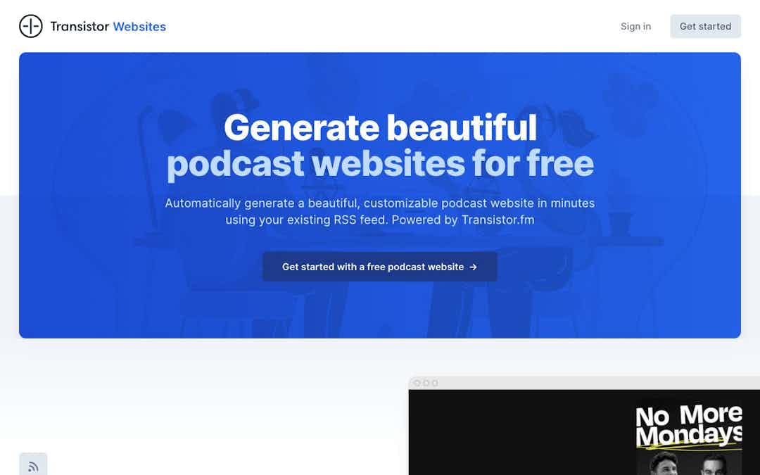 Free podcast websites from Transistor.fm landing page design