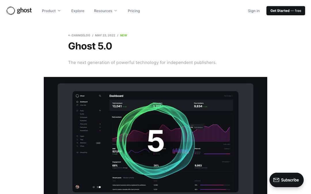 Ghost 5.0 landing page design