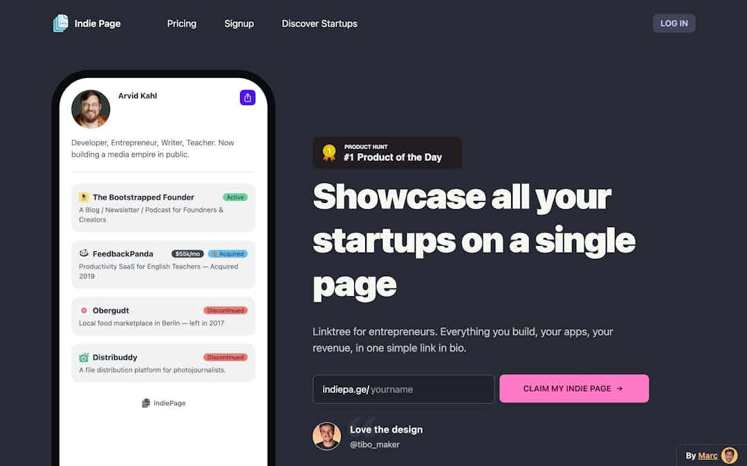 Indie Page landing page design