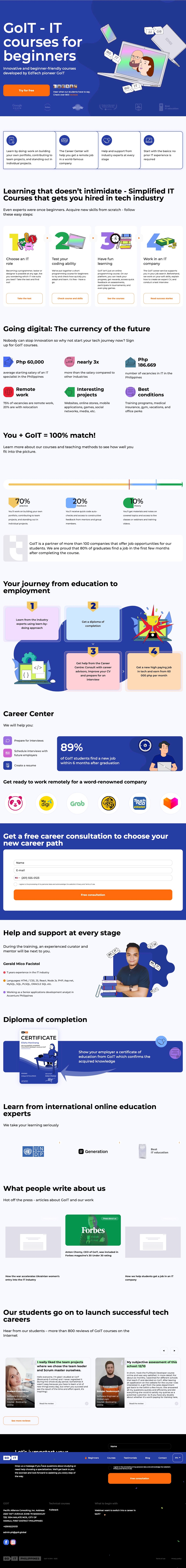 IT Courses Philippines Online. Programming with employment – GoIT Global landing page design