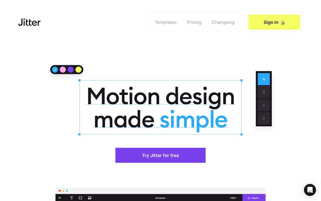 Jitter · Fast and simple motion design tool. landing page design