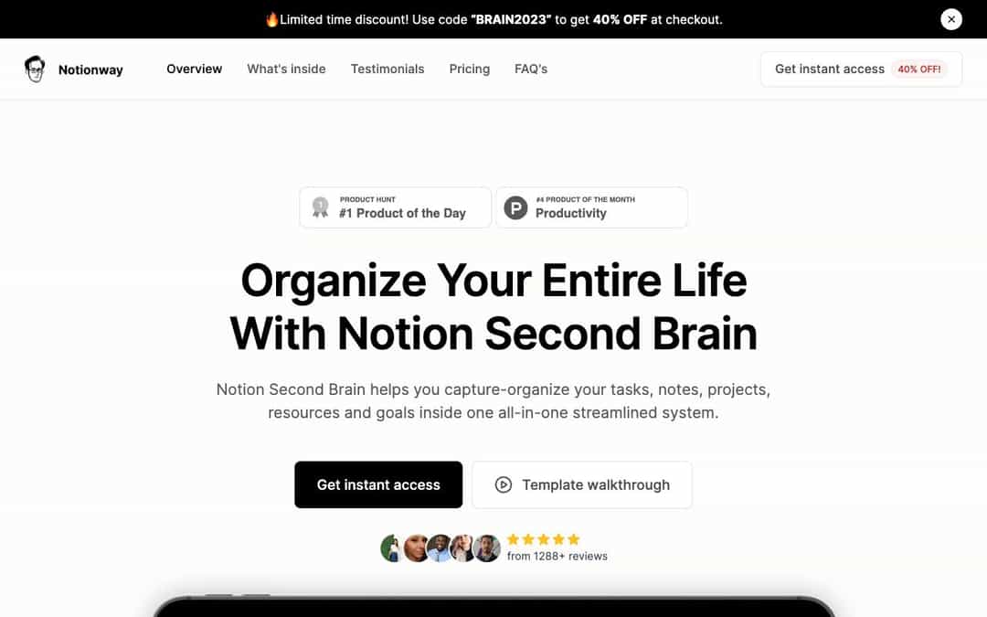 Notion Second Brain landing page design