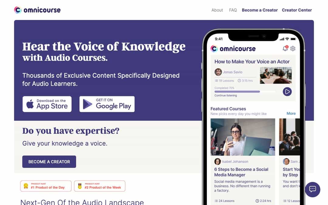 Omnicourse ― Grow your skills with audio courses landing page design