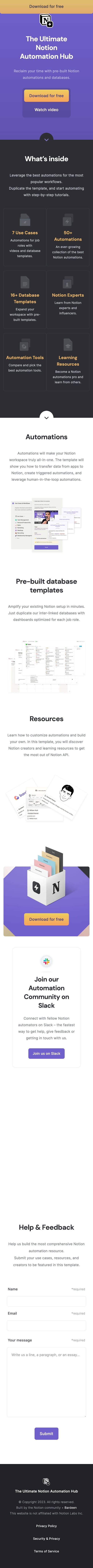 The Notion Automation Hub landing page design